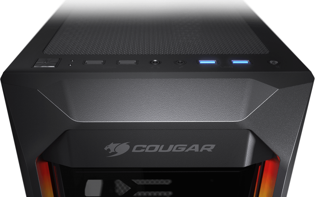 The top I/O panel has USB 3.0, USB 2.0 ports, and audio jacks on display.